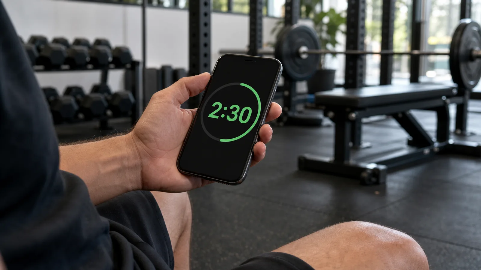 Lifter holding a phone with a rest timer between sets in a gym