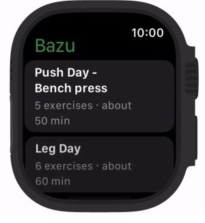 Bazu Apple Watch screen for choosing a saved workout routine